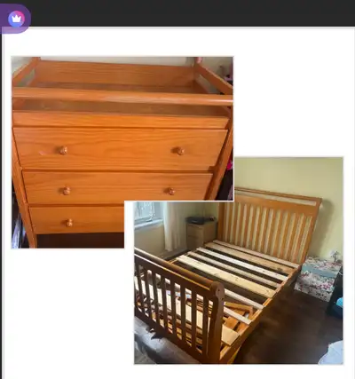 4-IN-1 Convertible crib and matching change table/dresser $50 GUC some scuff marks on top Has rails...