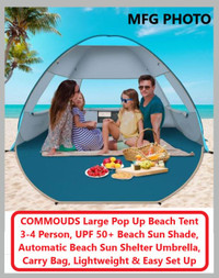 (NEW) COMMOUDS Large Pop Up Beach Tent 3-4 Person Easy Set Up