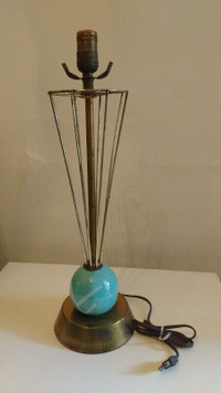 vintage MCM brass base umbrella cage tiffany ceramic table lamp