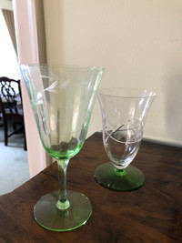 2 antique green crystal large wine/ water glasses