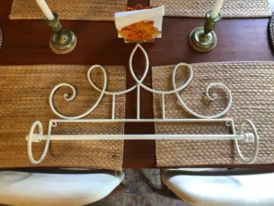 Vintage White Metal Towel Rack With Swirl Motif 26”w x 14”h x 6”d Follow on instagram @redheadvintag...