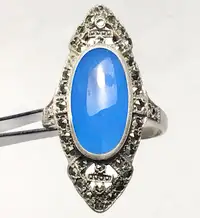 Vintage PCH silver 925 turquoise marcasite  elongated ring 6,65g