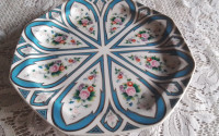 FINE PORCELAIN CAKE PLATE - TURQUOISE / FLORALS - JAPAN