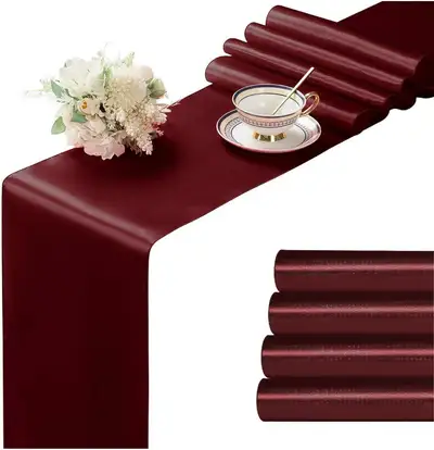 4Pcs Satin Maroon Table Runner - 12 x 108 Inch Long Size, Party Table Runner Decor Bright & Smooth W...