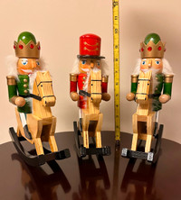 3 Christmas Nutcrackers on Rocking Horses Mouths Open $15 each