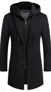Men's Wool Coat Hoodie Long Trench Cotton Casual Overcoat Black