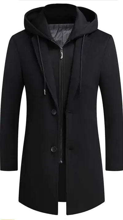 Men's Wool Coat Hoodie Long Trench Cotton Casual Overcoat Black, View more