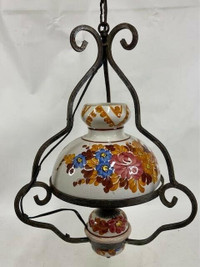 VINTAGE CERAMIC HANGING LAMP WITH WROUGHT IRON FRAME
