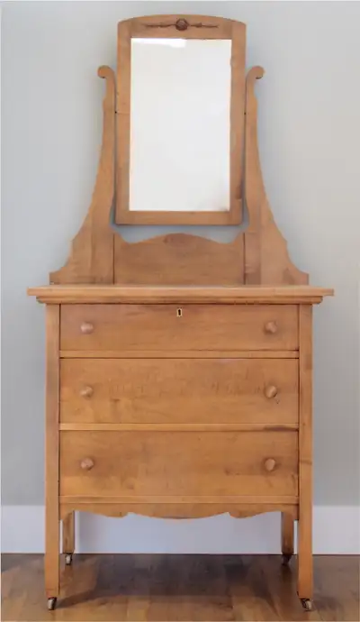 68" h x 32" w x 17.5" d Solid wood. All original parts - knobs, casters. Lock mechanism was removed....