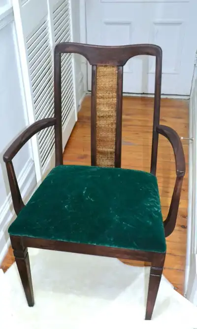 Vintage Wooden chair with rattan design and emerald green velvet cushion in excellent condition and...