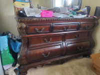 Bed head and foot board and dresser with mirror and granite top