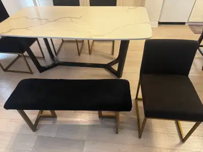 WHITE QUARTZ DINING TABLE W/4 BLACK DINING CHAIRS, BENCH, View more