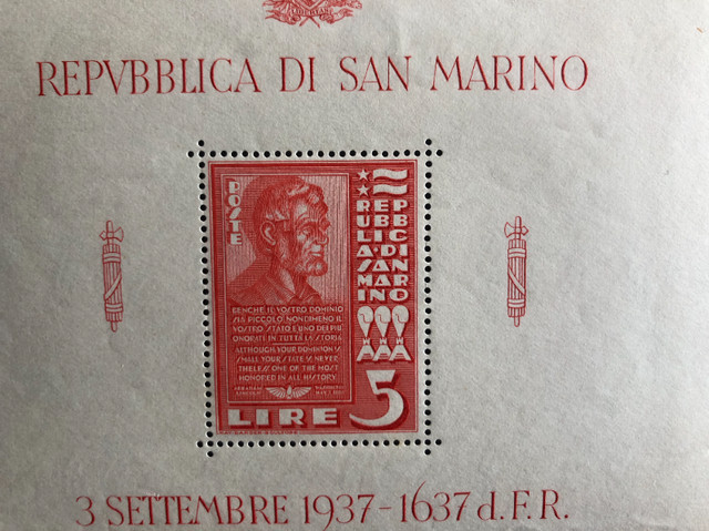 TIMBRE FEUILLET, SAN MARINO 1938, ABRAHAM LINCOLN. dans Art et objets de collection  à Longueuil/Rive Sud - Image 2