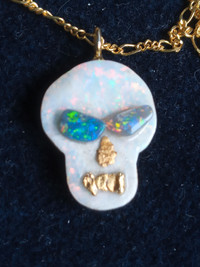 Skull Shaped Opal Pendant With Gold Nuggets and Chain