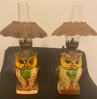 Set of 2 vintage ceramic owl 10” oil lamps.