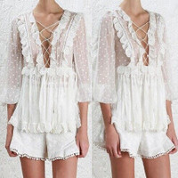 Floral Lace Up Blouse White