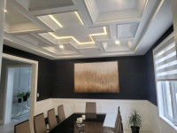 Crown moulding, coffered ceiling  wainscoting, baseboard, doors