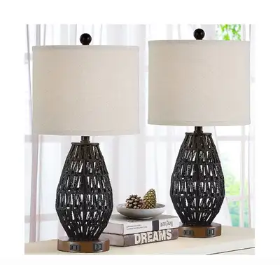  Rattan Table Lamp Set | 22.8" Black LED Touch Lamps  (TD-95), View more