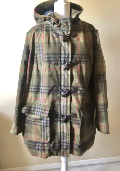Old Navy XXL Wool Blend Olive Green Plaid Coat Jacket Hood, View more