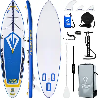 Brand new 10'6'' Tuxedo Sailor Inflatable Stand Up Paddle Board with SUP Accessories (colour: Blue P...