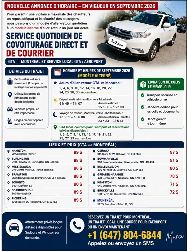 September 2026 | GTA ⇄ Montréal Carpooling & Parcel Delivery