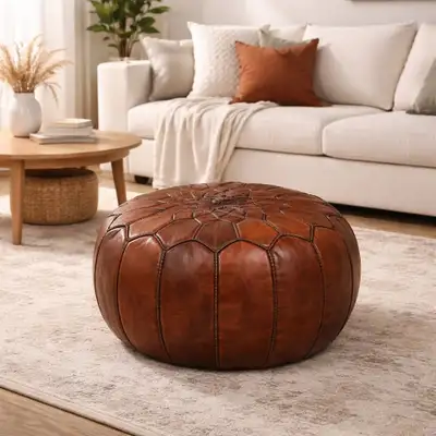 Handmade Moroccan Leather Pouf | Cognac Brown | Only 4 Available, View more