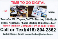 VHS, Slides, Neg, Digital Transfer to DVD or USB. Mpeg