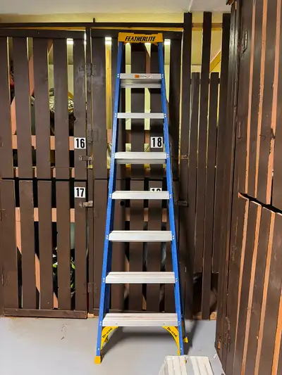 Featherlite 8' fiberglass step ladder. It's a non-conductive Grade I ladder with a 250 Ibs capacity....