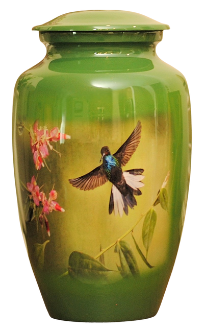 This green color handcrafted cremation urn named 'Hillstar Hummingbird Cremation Urn' has a pleasing...