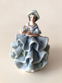 Vintage Irish Dresden Lace Girl Signed Porcelain Figurine 3.75"