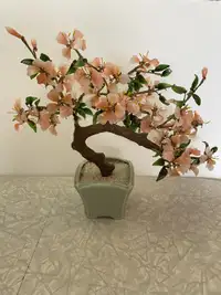 Vintage Large Chinese Pink & Jade Stone Glass Bonsai Flower Tree