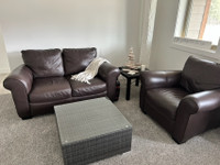 Brown Leather Loveseat and Chair