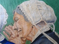 antique EUROPEAN oil canvas PAINTING secrets GRANDMOTHER signed