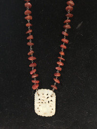 Old Necklace Agate And Carved White Jade Stone Pendant