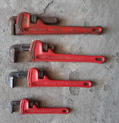 SET OF 4 PIPE WRENCHES 14 IN 12 IN 10 IN 8 IN $50 SHIPPING AVAILABLE