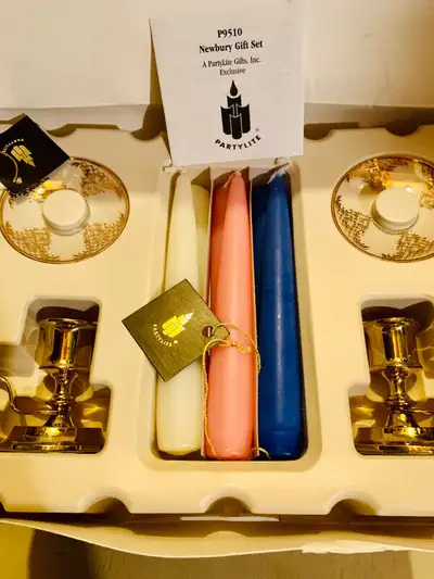 This is for a New in the Box Partylite Newbury Gift Set. It contains: 2 Brass Candlesticks with glas...