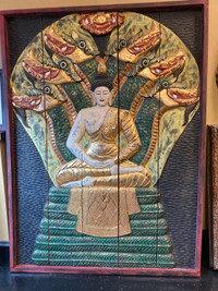 Asian very  large  wood  Buddha carved panel