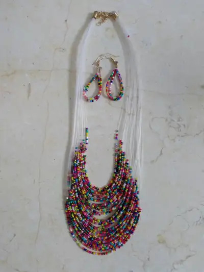 Beaded earring and necklace set, View more