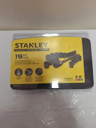 1 Brand New Still In The Package Stanley Black Chrome Proffessional Grade 3/8- 19 PCS Socket Set Sta...