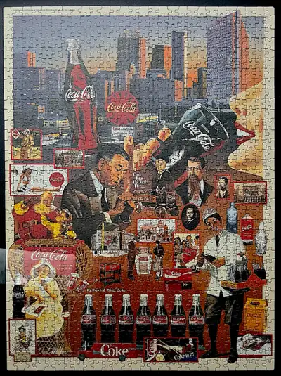 VINTAGE COLLECTIBLE COCA COLA 1999 JIGSAW PUZZLE - 1000 PIECES ALL SET ON VELVET BACKING AND FRAMED....