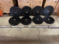 BRAND NEW 275 LB BUMPER PLATE AND BARBELL COMBO SET!