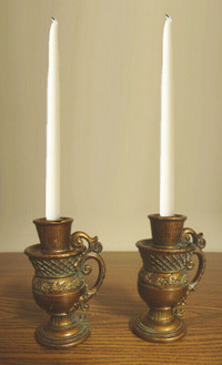 Set of 2 Gold Baskets & 2 Gold Candle Holders $20