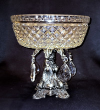 1960s Diamond Cut Glass Compote Pedestal & Crystal Prism Dish