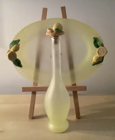 PRICE DROP! Yellow Satin Art Glass Limoncello Tray & Bottle, View more