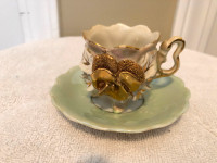 Antique Hand Painted Porcelain Miniature Cup & Saucer  2" X 2"