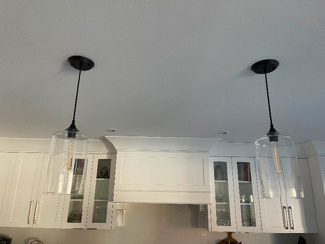 Glass pendant lights with black base and cord- Set of two in Indoor Lighting & Fans in Mississauga / Peel Region