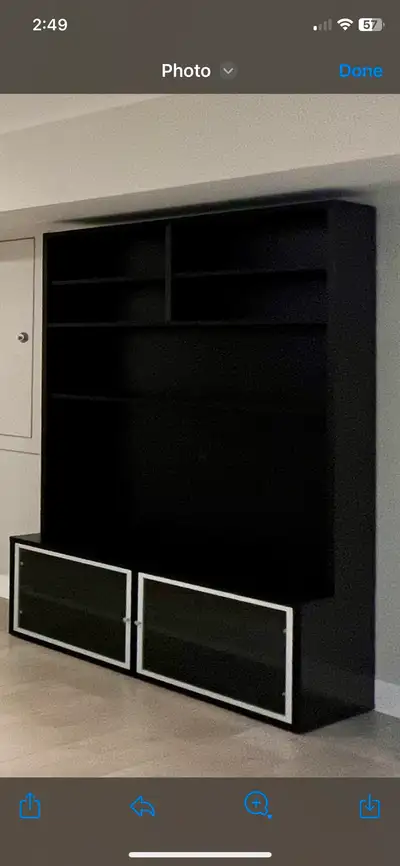 Shelves and media console/cabinet set. Solid build. 6.75 ft tall x 4 ft wide and 2 ft deep. Paid $80...