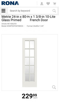 24” French Door with Clear Glass Solid Wood