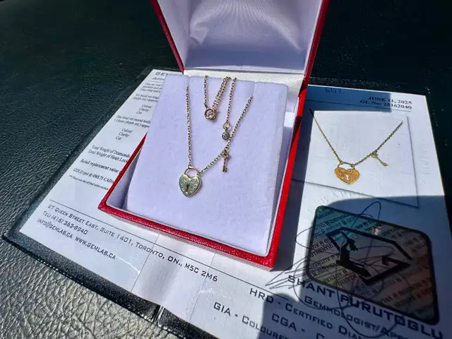 #642 14kt Yellow Gold Lock & Key Diamond Pendant Necklace 16-18” in Jewellery & Watches in St. Catharines - Image 2