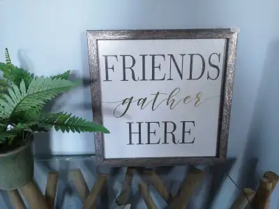 Friends Gather Here Sign, View more